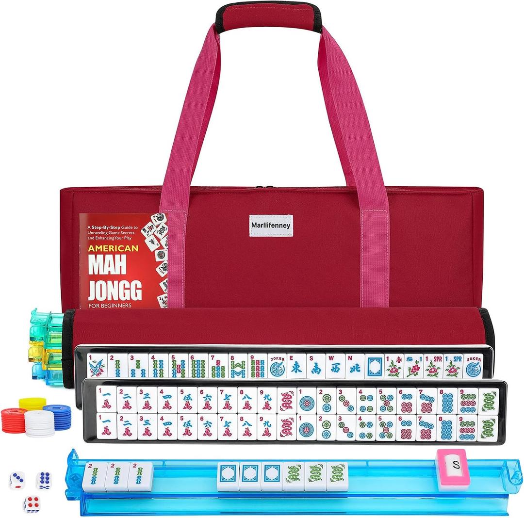 American Mahjong Tile Set,166 Pink Tiles Mahjong Set,4 Colors Mahjong Racks,Travel Mahjong Set with Red Carrying Bag, 1.2" x 0.9" x 0.5"