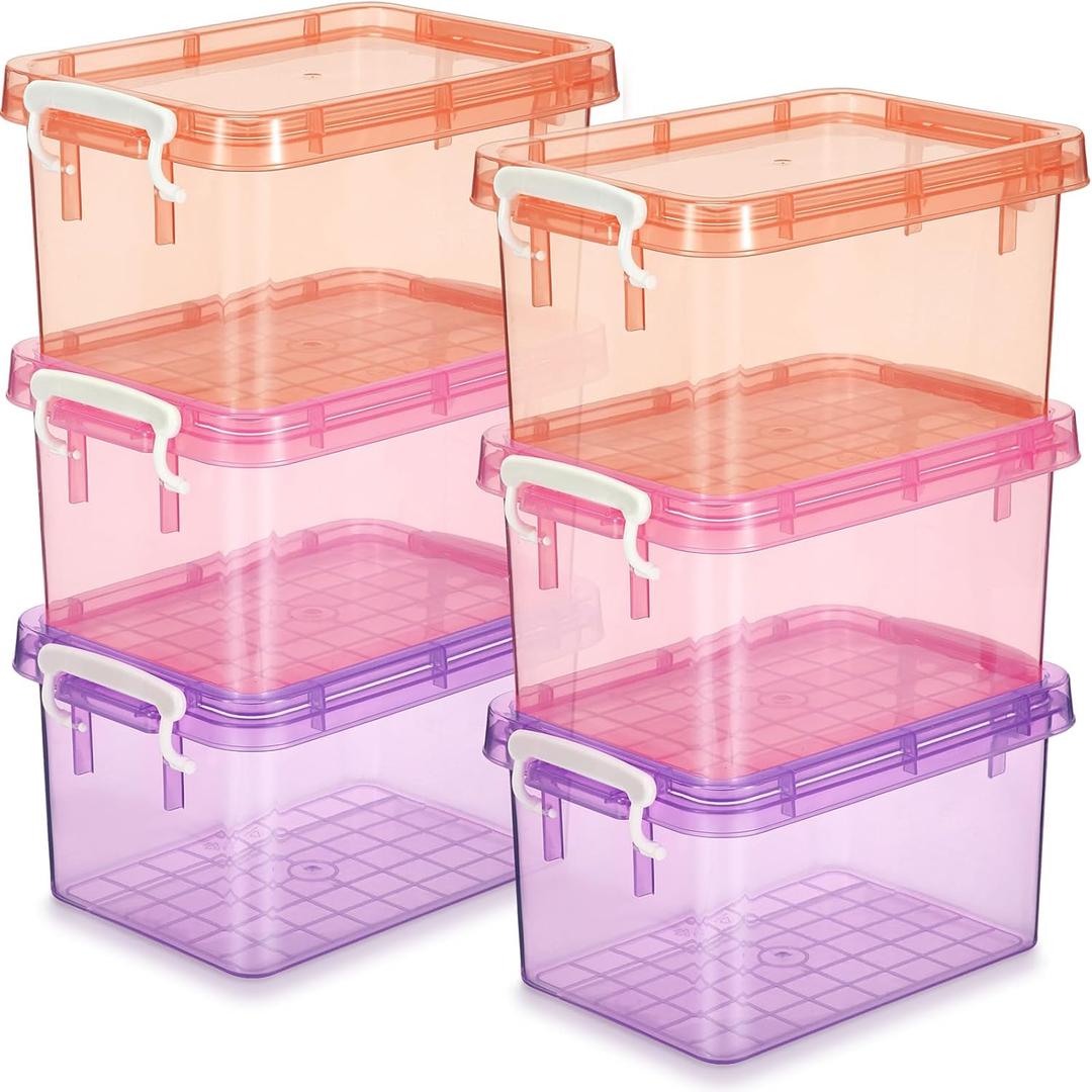 Wenqik 6 Pack Colorful Plastic Storage Bins with Lids 4 Quart Small Storage Latch Box Stackable and Nestable Clear Organizer Bins with Latching Handle and Buckle for Organizing(Sweet Color)