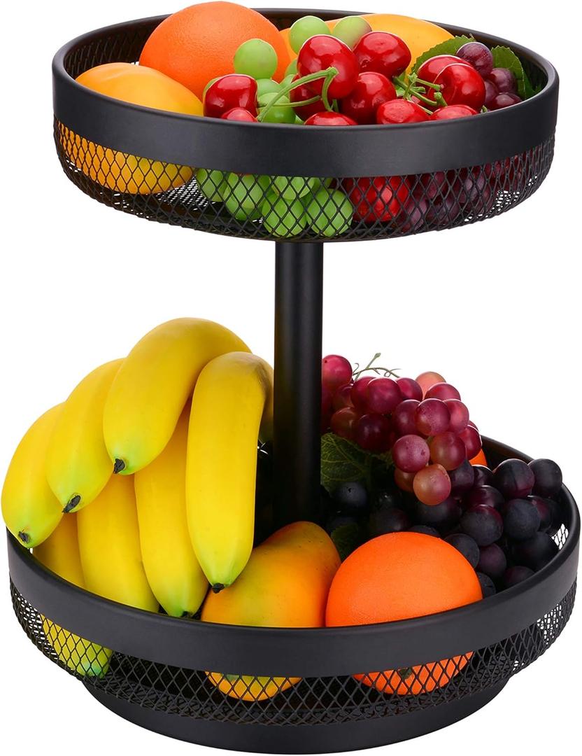 IBERG 2 Tier Fruit Basket - Detachable Mesh Fruit Bowl for Kitchen Countertop - Metal Basket Stand for Fruits, Vegetables, Bread & Snacks (Black)