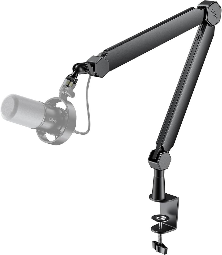 FIFINE Mic Arm Stand, Microphone Boom Arm with Desk Clamp, Cable Channels, 3/8" to 5/8" Threads, Heavy Metal Microphone Stand for Podcast, Vocal Recording, Gaming-BM66 Black