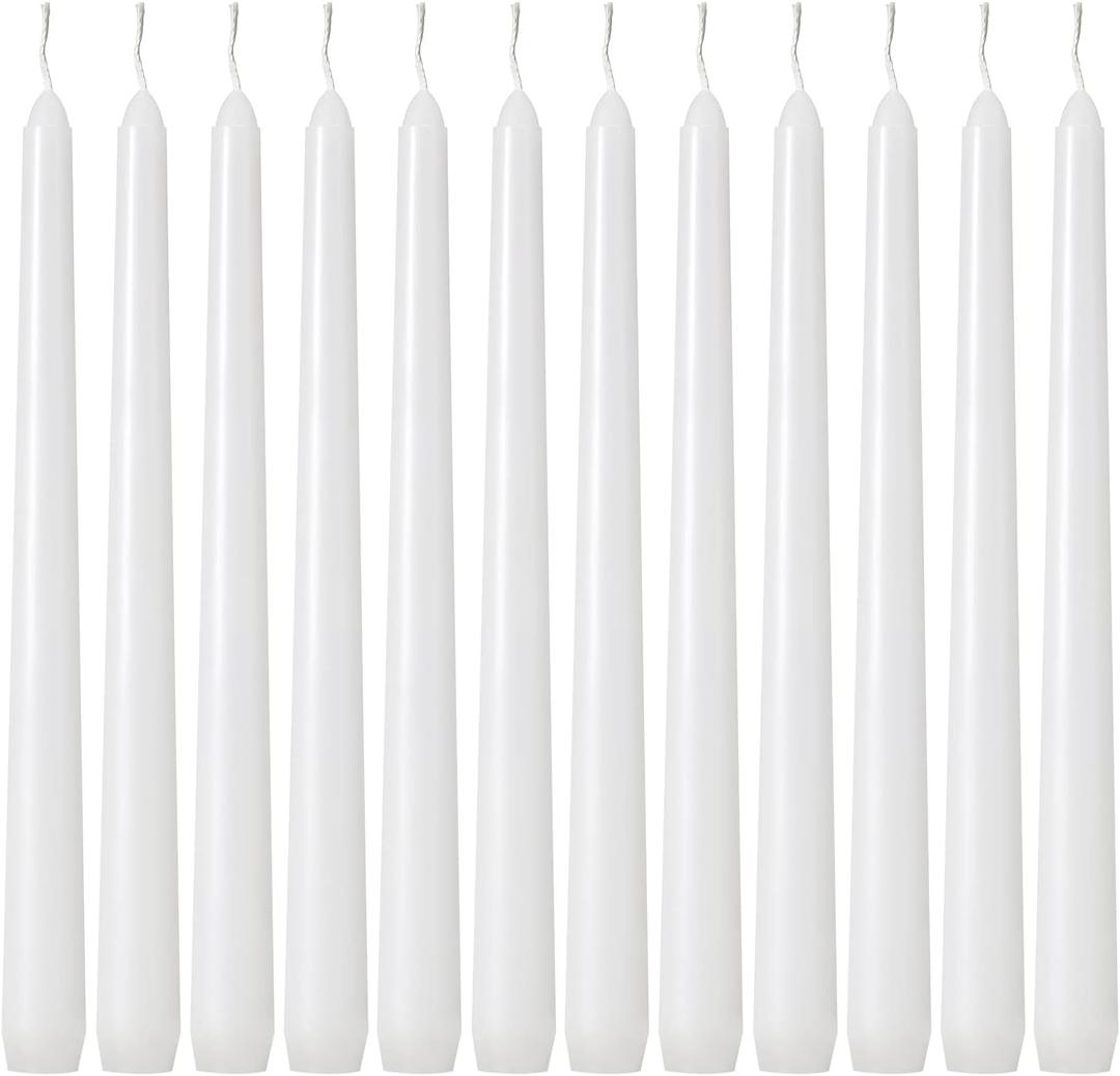 Taper Candles 10 inch (H) Dripless, Set of 24 White Unscented and Smokeless Taper Candles Long Burning, Paraffin Wax with Cotton Wicks for Burning 8 Hours Time