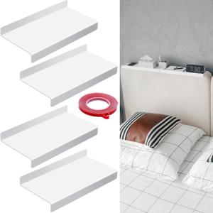 Hoteam 4 Pcs Headboard Shelf No-Screws Dorm Bed Shelf Self Adhesive White Dorm Headboard Storage with Acrylic Double Sided Tape Over Bed Organizer for Flat Top Headboards Home Bedroom Renter
