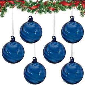 6PCS 3.15-Inch Hand-Blown Glass Hanging Christmas Tree Ornaments Clear Glass Balls for Holiday Dcor Elegant Vintage-Style Hanging Ornament Set for Tree, Garland, or Window(Blue)