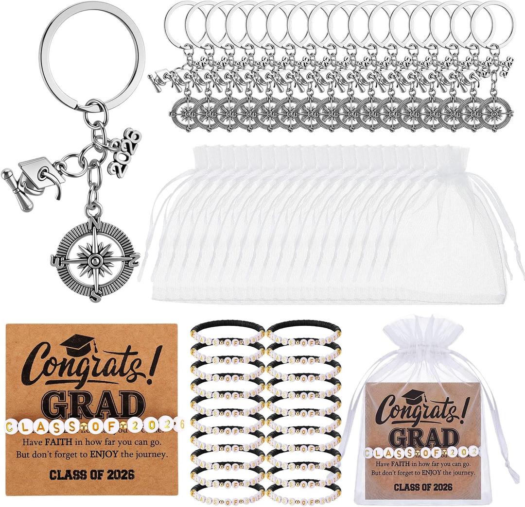 Tondiamo 96 Pcs Class of 2026 Graduation Gifts Bulk Include Compass Keychain Bracelets Organza Bags and Congratulations Cards