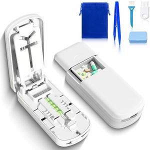 Pill Cutter - 1/2,1/3 &1/4 Pill Splitter with Storage Bag and Tweezers,for Small Tiny Large Pills | Hidden Blade & Sealed Storage | Adjustable & Cuts Multiple Tablets | Includes Cleaning Brush