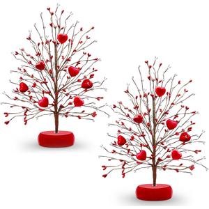 TURNMEON 2 Pack Valentines Day Tree Valentine's Day Decoration, Each with 7 Red 3D Heart Ornaments 378 Floral Berry Blossom 15 Inch Tabletop Artificial Tree Valentines Centerpiece for Table Room Home