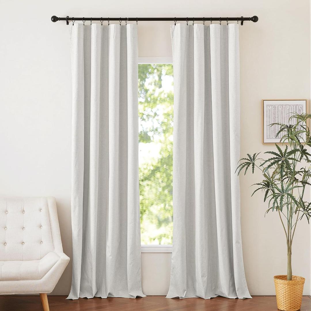 NICETOWN 100% Absolutely Blackout Linen Curtains 95 inch Length with Thermal Insulated White Liner, Off White, W52, 2 Pieces, Noise Reducing Textured Linen Look Windows Drapes for Classroom