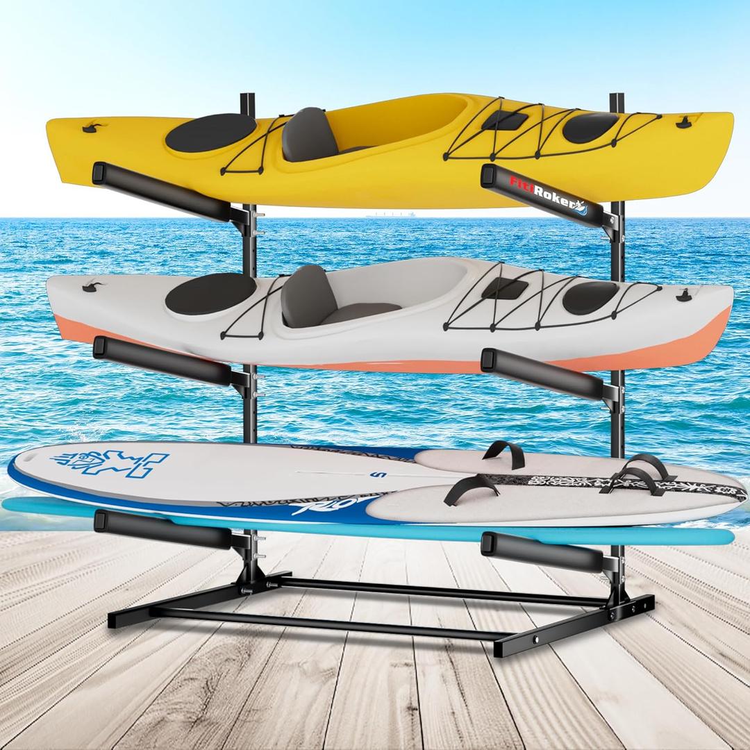 Kayak Storage Rack, Heavy Duty Freestanding Kayak Stand for 2/3 Kayaks, Adjustable Canoe and Paddleboard Holder for Indoor Outdoor Garage Storage, Assembly Required, 3-Tier
