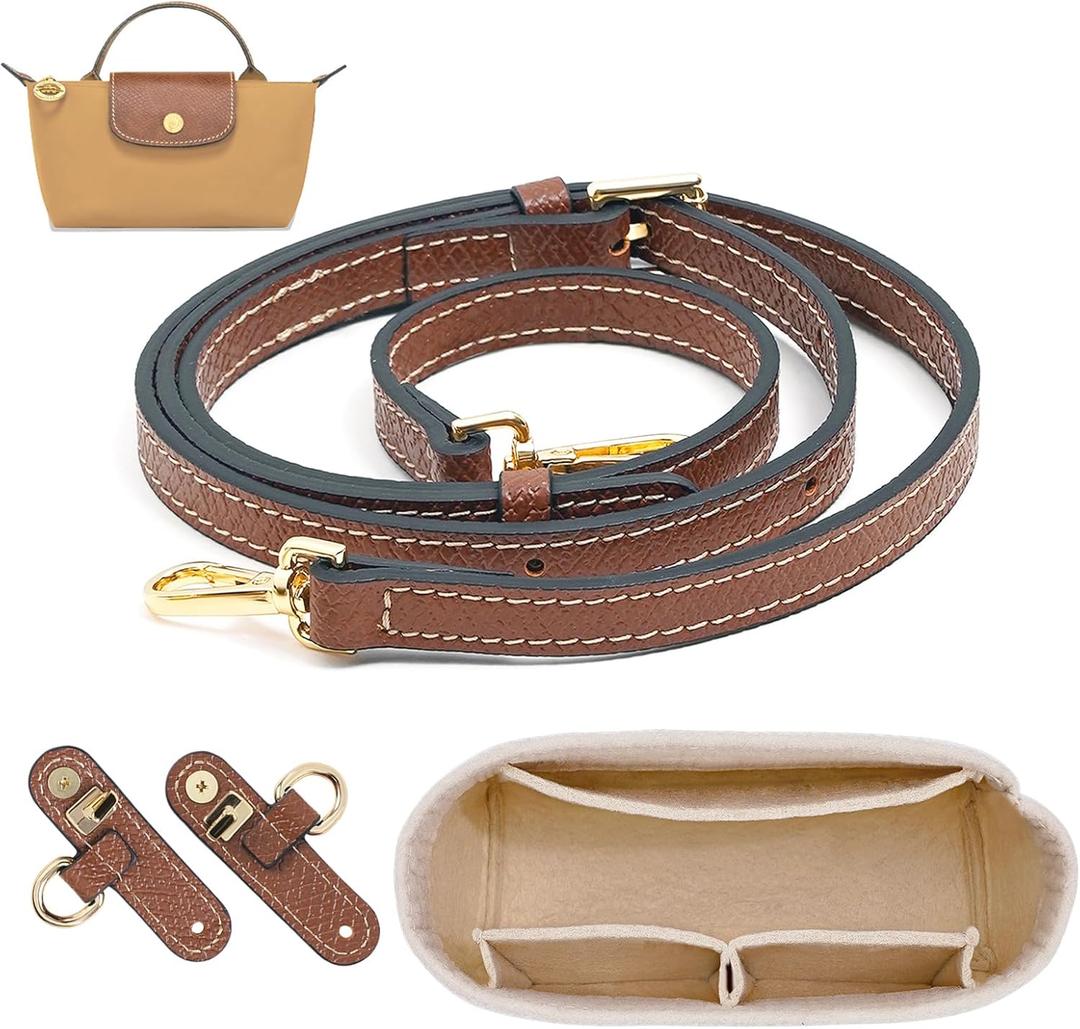 2 Kit Mini Bag Leather Shoulder Strap and Felt Purse Organizer Insert for Longchamp mini XS Bag Punch-Free Adjustable Buckle DesignBeige & Strap