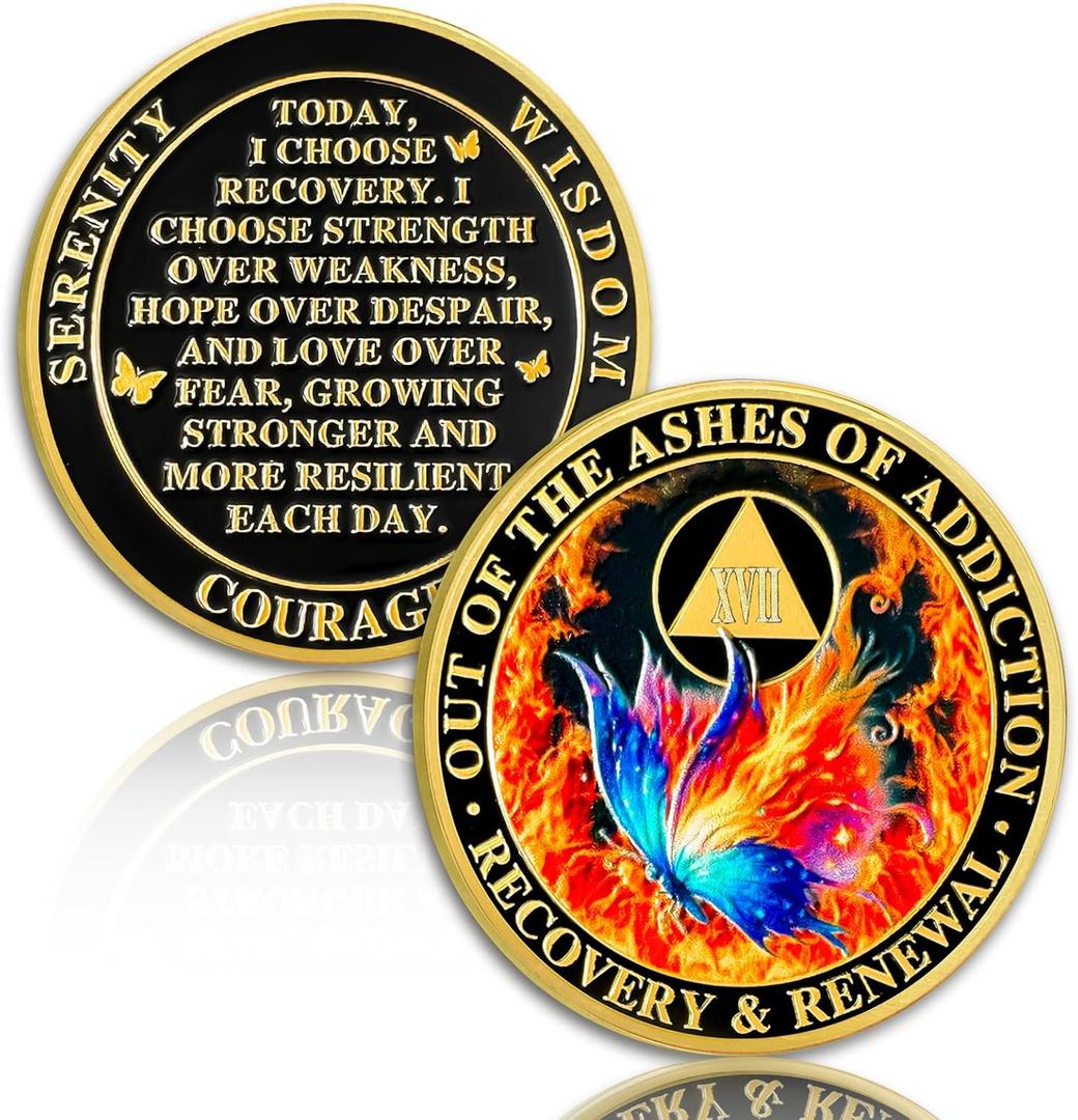 Butterfly Fire 17 Year Sobriety Coin, AA Chip and Medallion for Women | Unique renewal recovery token features ashes of addiction quote, meaningful anniversary sobriety gift for sister and sponsor