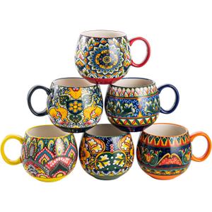 Henten Home Ceramic Coffee Mug Set of 6, 20 oz Colorful Coffee Cup with Handle, Boho Porcelian Mug for Cappuccino, Latte, Tea, Hot Chocolate, Cocoa, Microwave & Dishwasher Safe