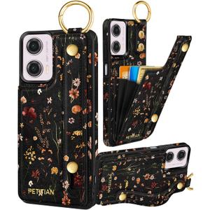 Petitian for Moto G Power 5G 2024 Case with Wallet - Women Girls Cute Girly Aesthetic Unique Design Leather Credit Card Holder Cardholder Stand Wristband for Motorola G Power 5G 2024, Grow Flower