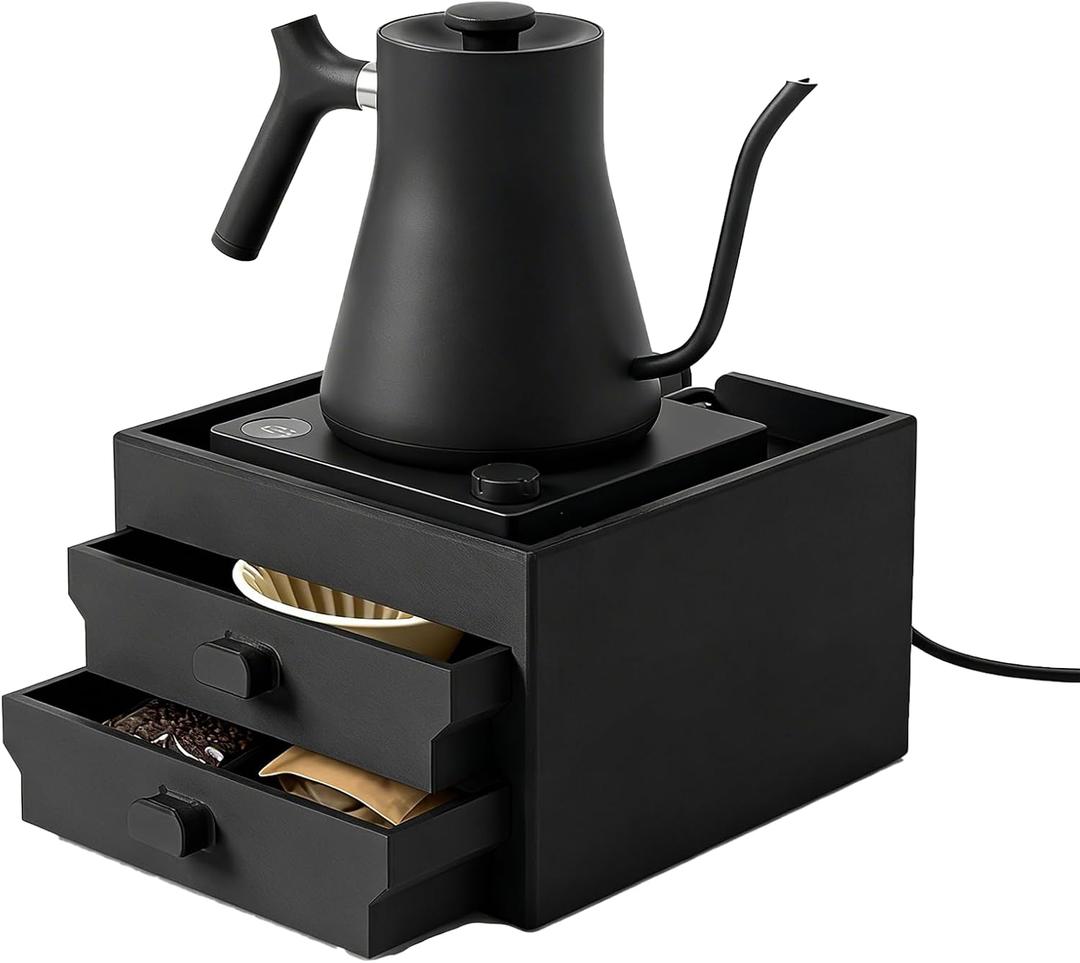 Coffee Brewer Organizer for Intasting Electric Kettle,Two-tier design with elevated kettle platform and pull-out Two-tier storage drawerElevated Pour Over Coffee Maker Holder for Beans, Tea & Accessories