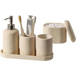 Bathroom Accessories Set, 5PCS Modern Bathroom Accessory Set with Soap Dispenser, Mouthwash Cup & Toothbrush Holder, Qtip Holder, Tray (Yellow)