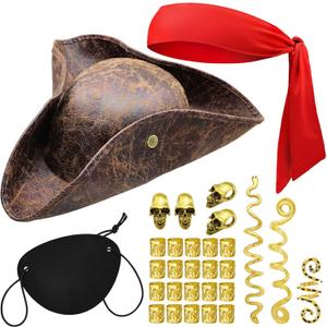 Tricorn Pirate Hat Halloween Costume Accessories for Men Women Faux Leather Pirate Hat Viking Jewelry Cosplay (Small, 30pcs,brown Hat & Red Bandana)