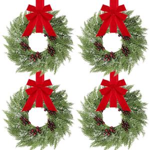 4 Pcs Small Christmas Norfolk Wreaths 15 Inch Christmas Kitchen Cabinet Mini Wreath Real Touch with Bow Ribbon Cedar Red Berry for Xmas Front Door Window Chair Fireplace Table Pillar Farmhouse Decor