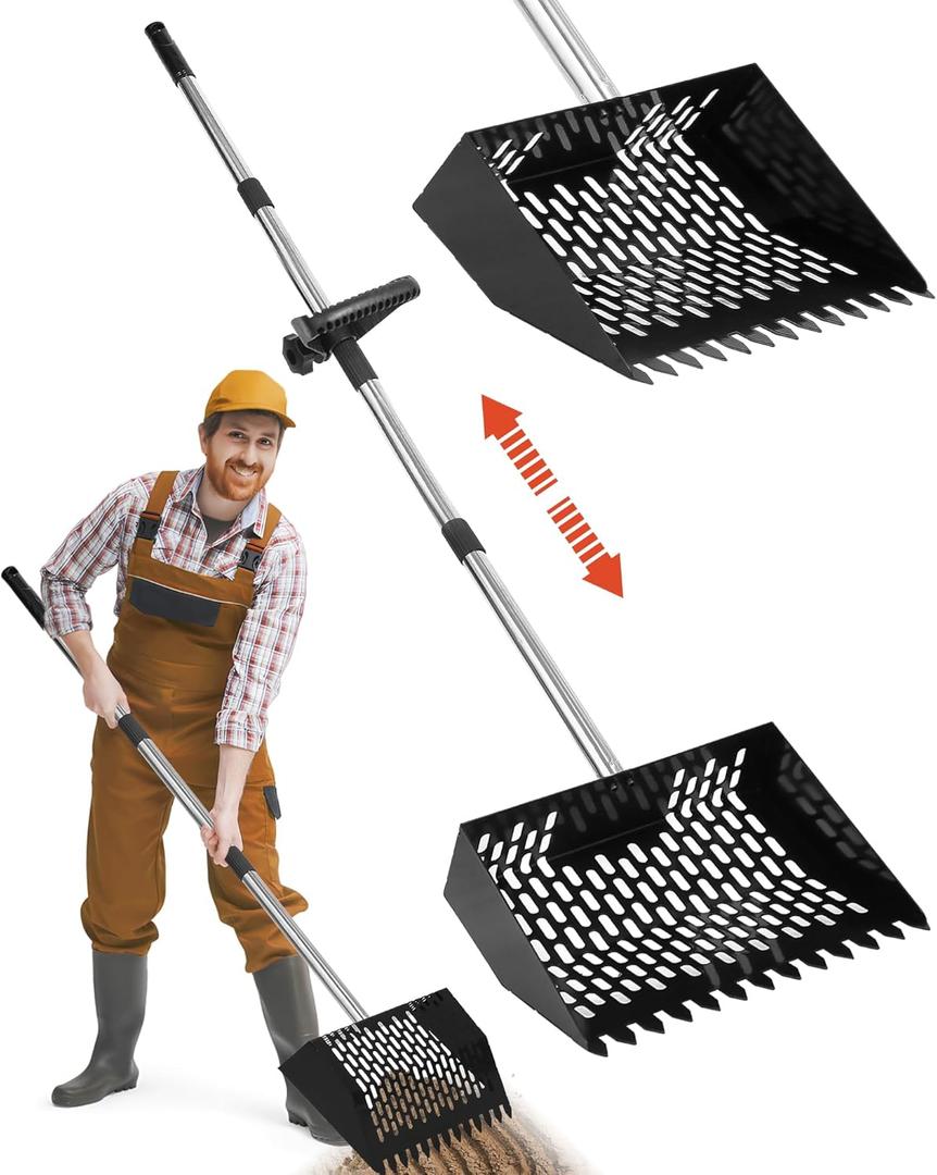 Chicken Poop Scooper & Rake - 2-in-1 Metal Chicken Coop Scoop for Sand with 22 to 62" Adjustable Handle, Litter Sifting Shovel Cleaning Tools for Chicken Run, Animal Farm, Duck Coop Black