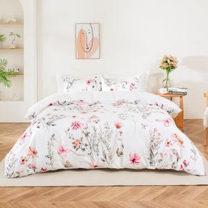 Duvet Cover King Size-100% Washed Microfiber Floral Duvet Cover Set,Soft and Breathable 3 Pieces Bedding Set,106x90 Inches Duvet Cover with Zipper Closure and 8 Ties,2 Pillow Shams