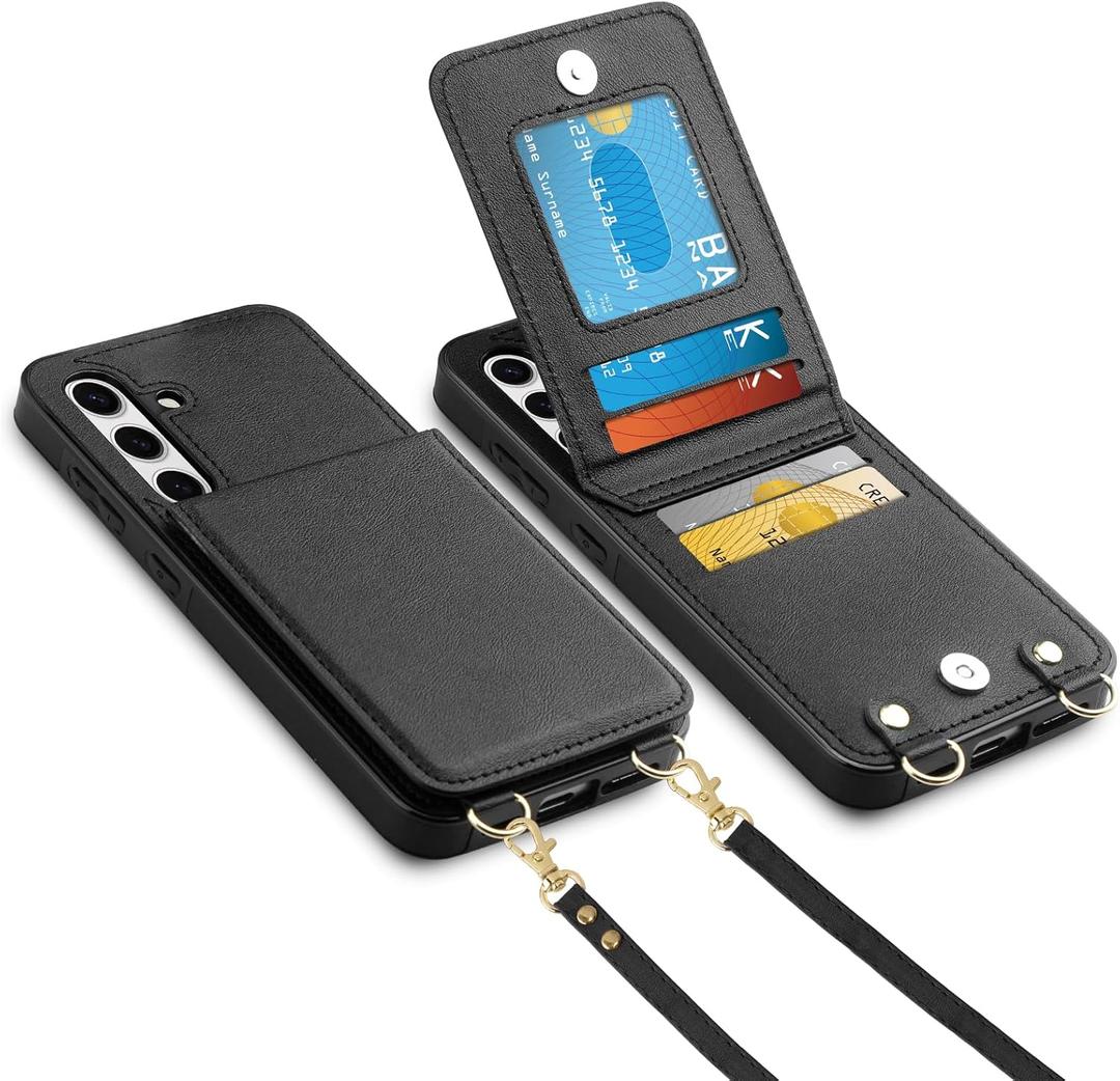 Vofolen for Samsung Galaxy S24 Plus Wallet Case with Card Holder Crossbody Lanyard Strap Leather Case with Magnetic Clasp Kickstand for Women Protective Flip Case for Samsung S24+ S24 Plus Black