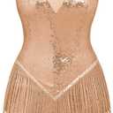 IBAKOM Women Fringe Sequins Bodysuit Latin Jazz Dance Dress Sparkly Tassel Rave Outfits Acrobat Circus Hip Hop Dance Costume (Beige, XXL)