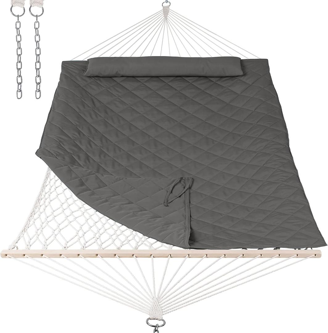 ANOW Outdoor Rope Hammock with Spreader Bars, Heavy Duty Hammock with Pad for Outdoors Indoors, 450 LBS Weight Capacity, Gray