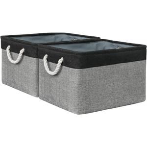 Organization and Storage Bins for Shelves - 17X15X12 inch 2 Pack Foldable Baskets for Organizing, Fabric Storage Cubes with Rope, Storage Box for Decorative Cloth (Black & Grey)