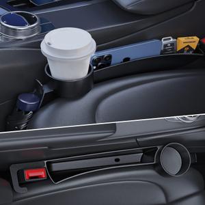 Car Seat Gap Plug with Storage Slot, Auto Gap Filler Organizer with Cup Holder, Universal Carseat Side Gap Filler Strip 2 Pack Between Front Seats & Console, Anti-Drop Pad with Seatbelt Holes, Black