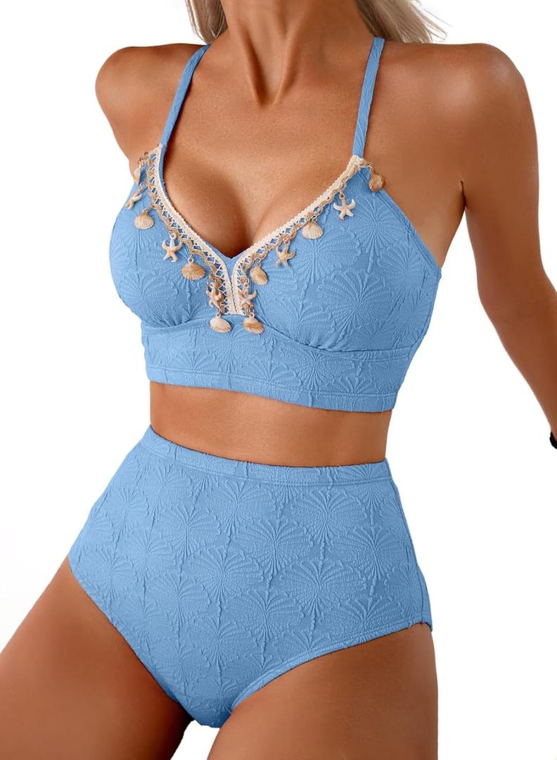 Herseas Women's Seashell Textured Bikini Sets Stitching Ribbon Shell Decoration Swimsuits High Waisted Bathing Suits (Medium, Baby Blue)