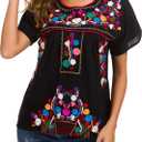 YZXDORWJ Women's Embroidered Mexican Peasant Blouse Mexico Summer Shirt Short Sleeve (US2XL, 269HL-BK)