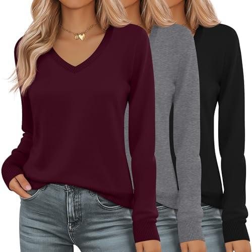 Riyiper 3 Pack Women's V Neck Sweater, Long Sleeve Lightweight Tops Casual Solid Color Pullover Loose Knit Classic Sweaters XXL