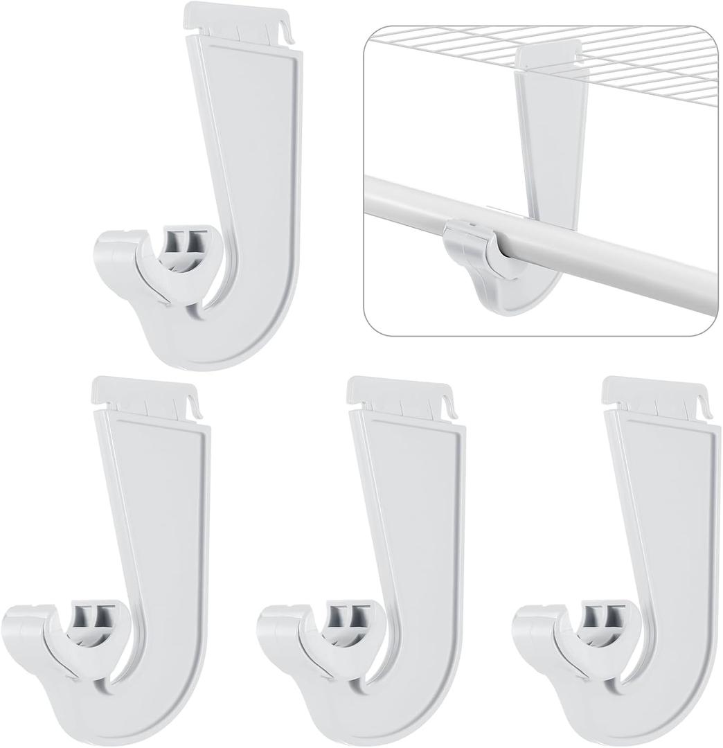 4 Pcs Closet Rod Hooks Plastic Snap-in Support Brackets J-Shaped Closet Rod Bracket for Hanging Clothes Cabinets Storage and Curtain (White)