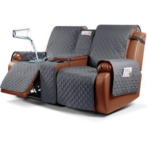 Ruaozz Waterproof Recliner Loveseat Cover with Console, Non-Slip Couch Cover Pet Cover for Double Recliner Split Sofa Cover with Elastic Straps for Kids, Dogs, Pets (Dark Grey, 2 Seater)
