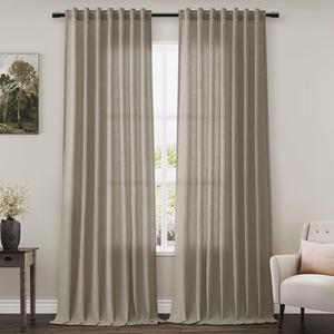 Extra Long Curtain 108 Inches Long 2 Panels Set Back Tab Khaki Linen Drapes for Living Room Neutral Farmhouse Light Filtering Semi Sheer Linen Curtains 108 Inch Length for Large Window 9 FT Tall, 52"W x 108"L