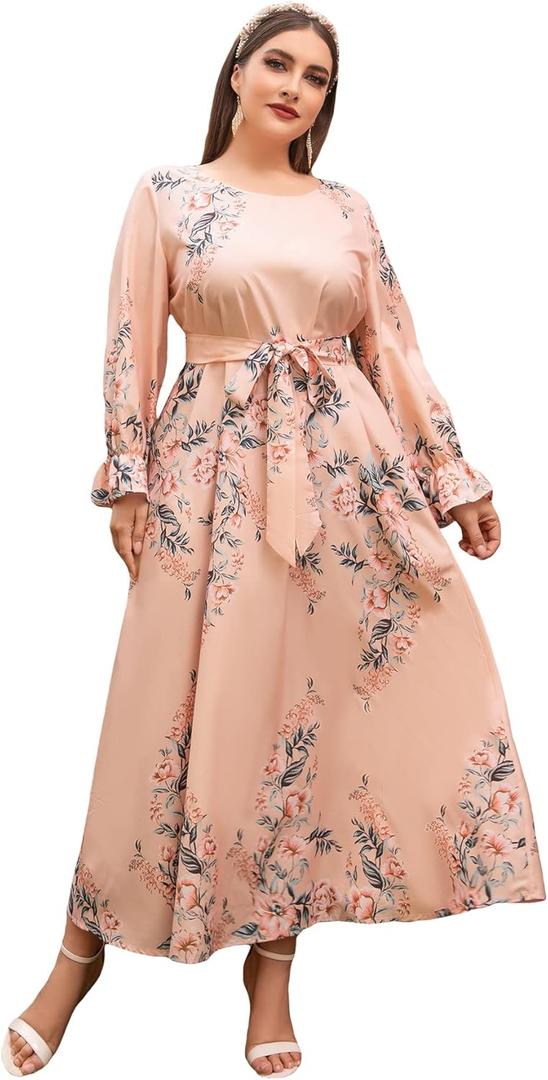 WDIRARA Women's Plus Size Floral Print V Neck Belted Bishop Long Sleeve Dress (XXX-Large Plus, Pink)