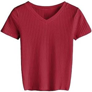 SweatyRocks Women's Basic Short Sleeve V Neck Ribbed Knit Crop Top Tee Shirt Size L