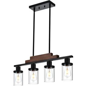 VINLUZ 4-Light Vintage Kitchen Island Lighting Dining Room Light Fixture with Clear Glass Shade,Linear Farmhouse Chandelier Adjustable Pendant Light Fixtures with Black & Warm Wood Finish