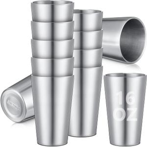 Ziliny 12 Pack 16oz Stainless Steel Cups Metal Pint Cup Tumbler Double Wall Vacuum Insulated Stackable Drinking Glasses for Beer Party Bar Travel Camping Home and Outdoor