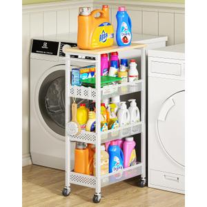 OKZEST Utility Slim Storage Cart, 4-Tier Narrow Bathroom Organizers and Storage Cart, Narrow Metal Kitchen Laundry Room Organization Shelf with Wood Top, Slim Rolling Carts with Wheels for Small Space