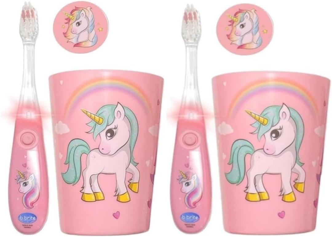 Lily's Home Kids Flashing Timer Toothbrush with Soft Bristles, Rising Cup & Cover - Fun 2-Min Light-Up Brushing for Children - Toddler Toothbrush Kit (Unicorn) - Set of 2