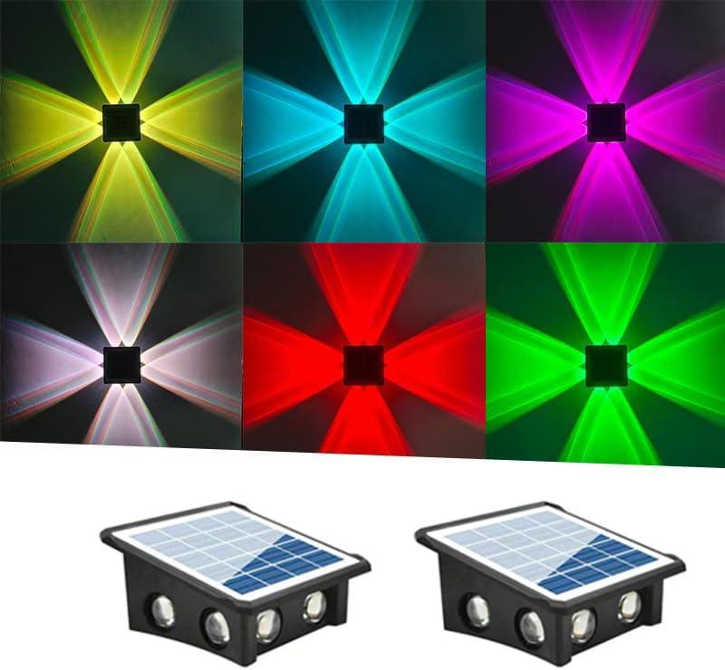 Solar Wall Lights, Up and Down Lighting Solar Outdoor Light Waterproof IP65, Solar Fence Light for Yard Garden Garage Pools Deck (8LED-Multi-Colored, 2PACK)