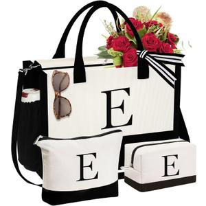 YOOLIFE Mothers Day Gifts - Initial Canvas Tote Bag & Makeup Bag, Birthday Gifts for Women Mom Sister Friends