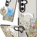 Cute Case for Samsung Galaxy S25 for Women Girls - Funny Wild Floral Design Compatible with Magsafe Magnetic Ring Holder Kickstand Fashion TPU Phone Covers