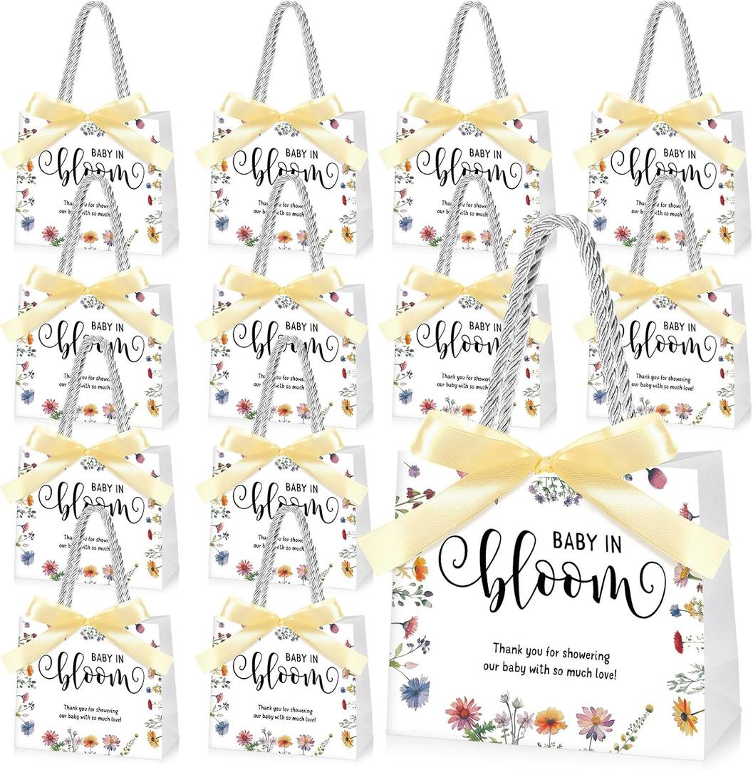 Spakon 25 Sets Baby in Bloom Baby Shower Party Favors Bags Wildflower Gift Bags with Handle and Bow Ribbon for Birthday Party Supplies Decoration