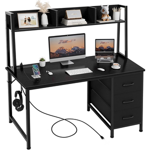 DLisiting Black Computer Desk with Hutch & Drawers - Office Desk with 3 Storage Drawers and Power Outlets, 47 Inch Modern Study Writing Desk for Bedroom Home Office, 47.2"