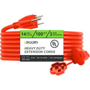 Outdoor Extension Cord Waterproof 100 FT, Orange 14/3 SJTW Heavy Duty, Flexible 100% Copper 3 Prong Extension Cord for Lawn, Garage,UL Listed