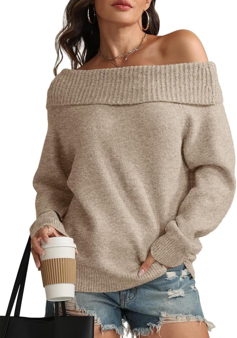 ATHMILE Womens Off The Shoulder Sweaters Oversized Spring Tops Batwing Sleeve Loose Pullover Fall Winter Fashion Outfits 2026 (Beige, XL)