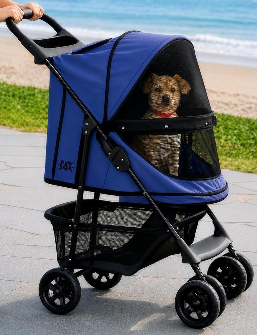 Pet Gear No-Zip Happy Trails Pet Stroller for Cats/Dogs, Zipperless Entry, Easy Fold with Removable Liner, Storage Basket + Cup Holder, Caribbean Blue