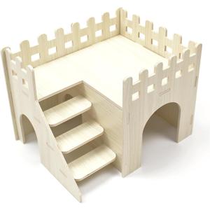 Amonk Hamster Hideout 10x8x7 inch Large Size Wooden House Wood Hut Habitats Decor with Climbing Ladder for Bunny, Chinchillas, Dwarf Rabbits, and Other Small Pet Animals