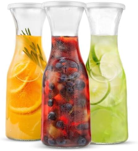 KooK Glass Carafe, Mimosa Bar Supplies, Carafe Pitchers with Lid, Set of 3, Glass Water Pitcher, Drink Dispensers for Parties, Tea, Wine, and Juice, Plastic Lids, Dishwasher Safe, 35 oz