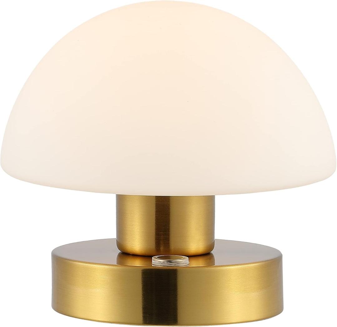 JONATHAN Y 5.75" Brass Gold/White Rechargeable Portable LED Table Lamp, Cordless Mushroom Accent Light for Bar, Nightstand, with Frosted White Glass Shade (JYL7113C)